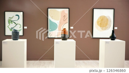 Painting frame, vase and art gallery with exhibition for abstract pieces with ceramic sculptures. Empty, creative and collection of pictures and clay pots for display, decoration or showcase. Painting frame, vase and art gallery with exhibition for abstract pieces with ceramic sculptures. Empty, creative and collection of pictures and clay pots for display, decoration or showcase. 126346860