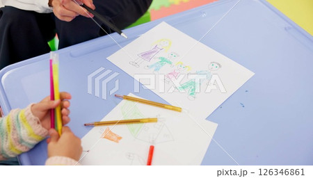 Art, education and hands of student with tutor at table for distance learning or home school. Course, creative or development with child and teacher closeup in lesson for private or remote study Art, education and hands of student with tutor at table for distance learning or home school. Course, creative or development with child and teacher closeup in lesson for private or remote study 126346861