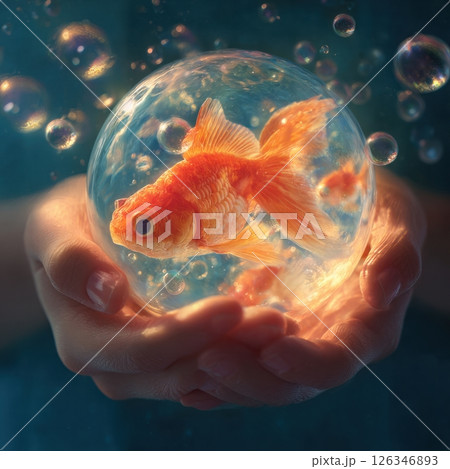 Goldfish swimming in water bubble held in hands 126346893