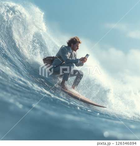 Businessman surfing a big wave while using smartphone 126346894