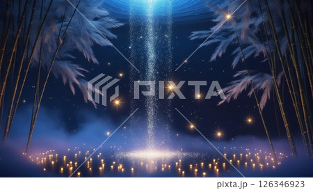 星の滝が流れる空中の竹林と蛍の舞／夜空に輝く幻想風景 126346923