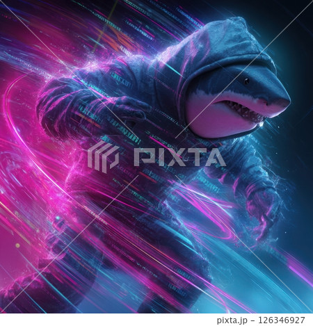 Futuristic hacker shark in digital swirl 126346927