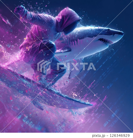 Hacker surfing with shark in digital metaverse 126346929