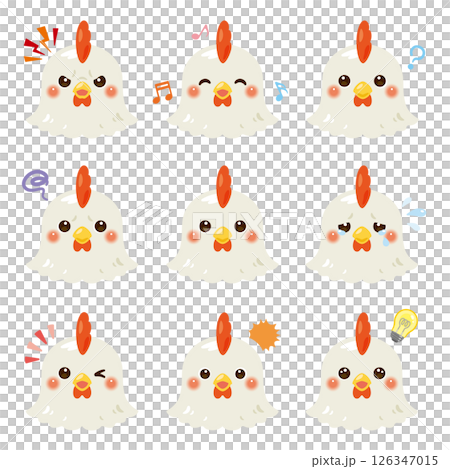 ニワトリのキャラクターイラストセット　顔表情のみ 126347015