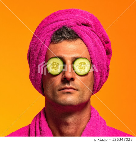Man wearing pink bathrobe and towel applying cucumber slices to his eyes for beauty treatment Man wearing pink bathrobe and towel applying cucumber slices to his eyes for beauty treatment 126347025