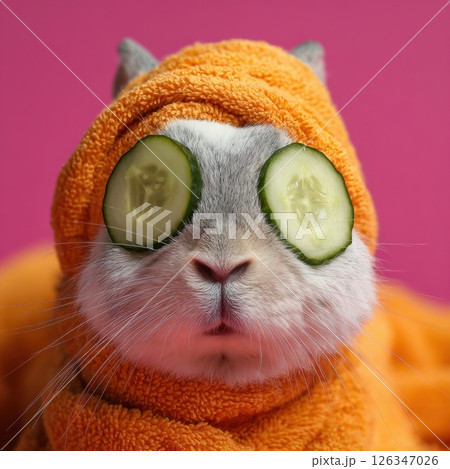 Cute bunny relaxing with beauty mask and cucumber slices on eyes in spa Cute bunny relaxing with beauty mask and cucumber slices on eyes in spa 126347026