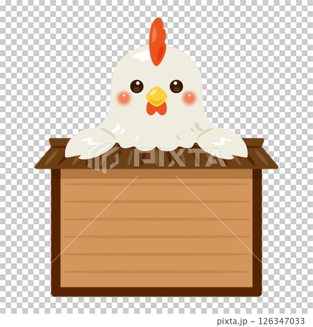 木製看板に乗ったニワトリのキャラクターイラスト 126347033