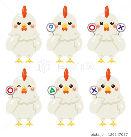 ○×△の札を持ったニワトリのキャラクターイラストセット 126347037