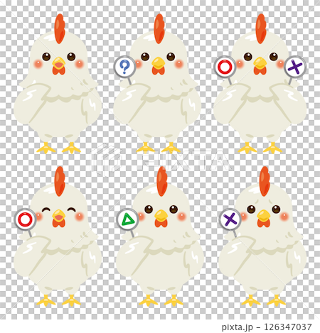 ○×△の札を持ったニワトリのキャラクターイラストセット 126347037