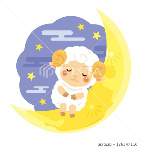 夜空に浮かぶ三日月とヒツジのキャラクターイラスト 126347110