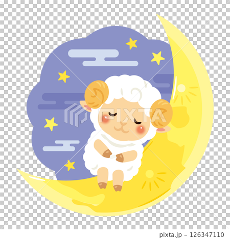 夜空に浮かぶ三日月とヒツジのキャラクターイラスト 126347110