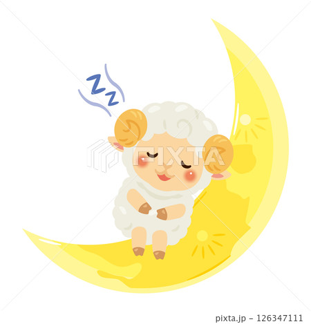三日月と眠るヒツジのキャラクターイラスト 126347111