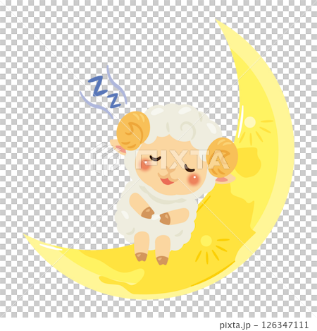 三日月と眠るヒツジのキャラクターイラスト 126347111