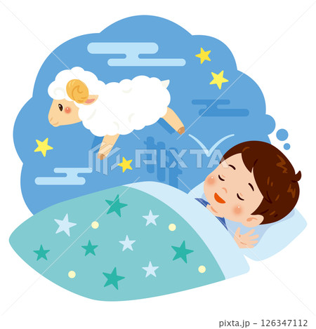 布団で眠る男の子とヒツジのイラスト 126347112