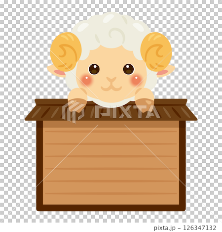 Character illustration of a sheep riding on a wooden sign 126347132