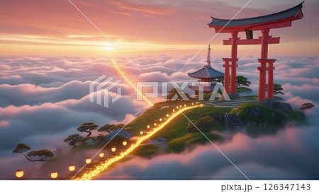 雲海に浮かぶ空中の和風庭園と光の小道／幻想的なスピリチュアル風景 126347143