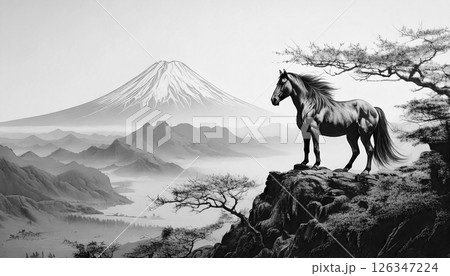 富士山と絶壁に立つ馬,Generative AI,AI画像 126347224