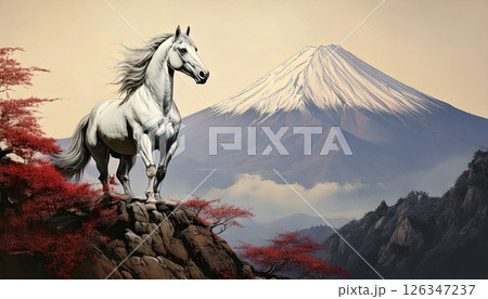 富士山と絶壁に立つ馬,Generative AI,AI画像 富士山と絶壁に立つ馬,Generative AI,AI画像 126347237