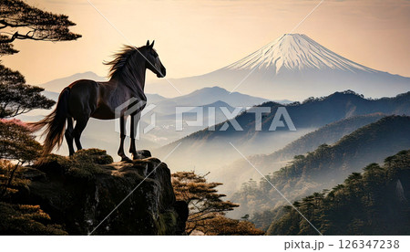 富士山と絶壁に立つ馬,Generative AI,AI画像 富士山と絶壁に立つ馬,Generative AI,AI画像 126347238