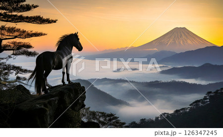 富士山と絶壁に立つ馬,Generative AI,AI画像 富士山と絶壁に立つ馬,Generative AI,AI画像 126347245