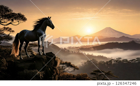 富士山と絶壁に立つ馬,Generative AI,AI画像 富士山と絶壁に立つ馬,Generative AI,AI画像 126347246