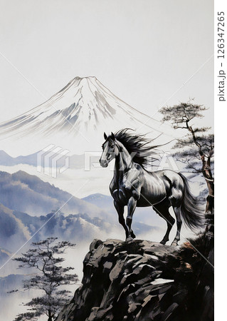 富士山と絶壁に立つ馬,Generative AI,AI画像 富士山と絶壁に立つ馬,Generative AI,AI画像 126347265