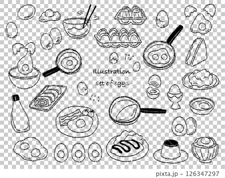 Hand-drawn rough-tasting egg and egg dish illustration set (monochrome line drawing) Hand-drawn rough-tasting egg and egg dish illustration set (monochrome line drawing) 126347297