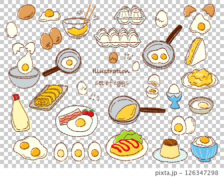 Hand-drawn rough-tasting egg and egg dish illustration set (color) 126347298