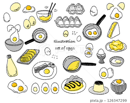 手描きラフテイストな卵と卵料理のイラストセット(イエロー×グレー) 126347299