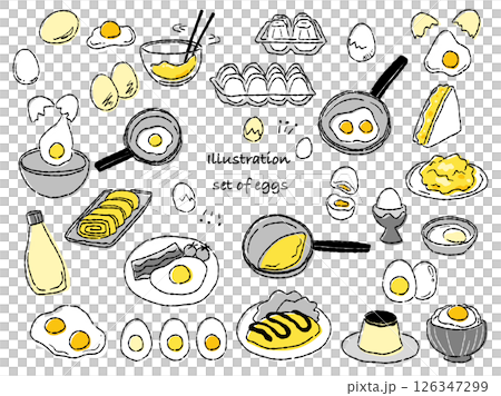 Hand-drawn rough-tasting egg and egg dish illustration set (yellow x gray) 126347299