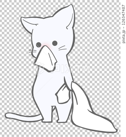 A white cat with a runny nose holding a towel blanket A white cat with a runny nose holding a towel blanket 126347487
