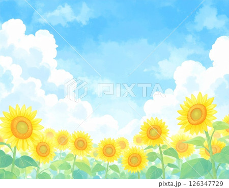 夏の空と入道雲とひまわり畑 夏の空と入道雲とひまわり畑 126347729