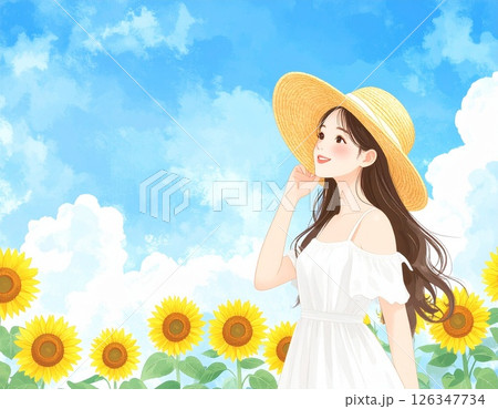 夏のひまわり畑に立つ女性のアニメ風イラスト 夏のひまわり畑に立つ女性のアニメ風イラスト 126347734