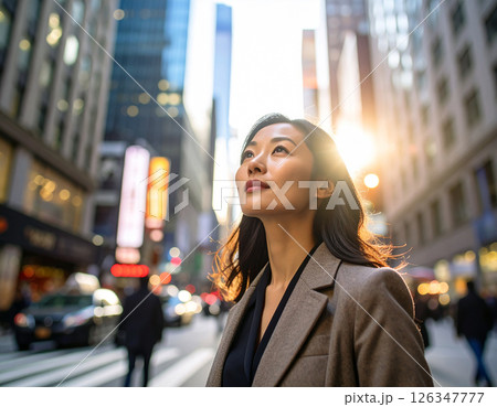 夕暮れの繁華街を歩く女性 126347777