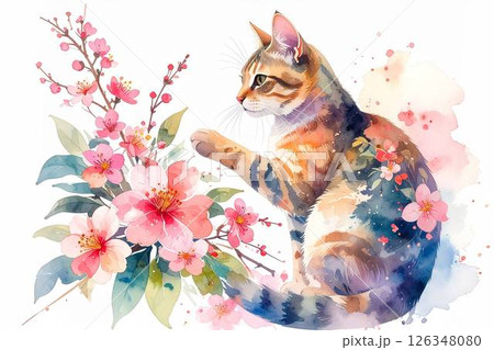 猫と花の水彩画 126348080