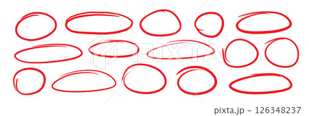 Hand drawn red pen highlight round oval frame set. Handwritten red marker, pencil scribble stroke line oval frame. Brush round frame highlight. Grunge scratch style set. Vector 126348237