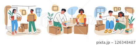 Flat cartoon collection of moving scenes. People pack boxes, carry furniture, unpack in new home, relax after relocation, celebrate housewarming vector illiustration. Man and woman in cozy interior 126348487
