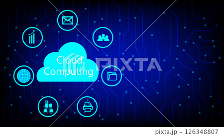 Illustration of cloud computing technology with icons representing digital services such as email, data sharing, network, file storage, and teamwork Illustration of cloud computing technology with icons representing digital services such as email, data sharing, network, file storage, and teamwork 126348807