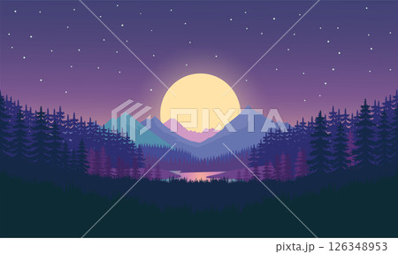 Beautiful Mountains River Nature Landscape with Pine Trees in Forest with Sun in Dawn Sky 126348953