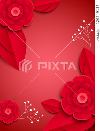 抽象的な赤い花(薔薇・椿・牡丹など)のペーパークラフト風イラスト｜背景素材アートシリーズ 126349137