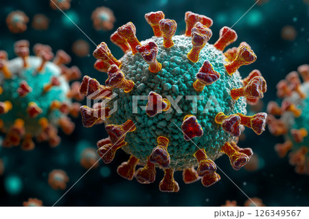 Microscopic view showcasing virus particles in a highly detailed 3D rendering. 126349567