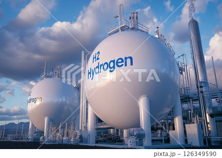 Liquid hydrogen storage facility utilizing multiple spherical tanks within a liquefied gas factory. Glow effect. 3d illustration. 126349590