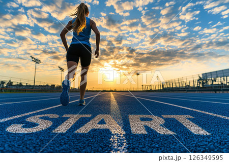 start word written on athletics track and athlete woman runner. at sunset for challenge and change. planning health and the goal to success. 126349595