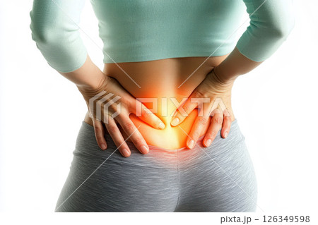 Piriformis syndrome concept with woman suffering from buttock muscle pain on isolated white background. 126349598