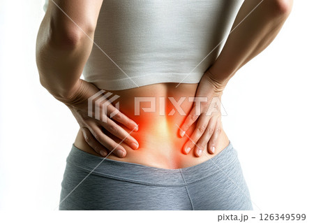 Piriformis syndrome concept with woman suffering from buttock muscle pain on isolated white background. 126349599