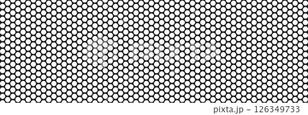 Metal micro mesh seamless pattern. Iron plate with round holes. Perforated metal texture. Dotted seamless pattern. Peg board sheet. Speaker screen grid background. Vector design illustration 126349733