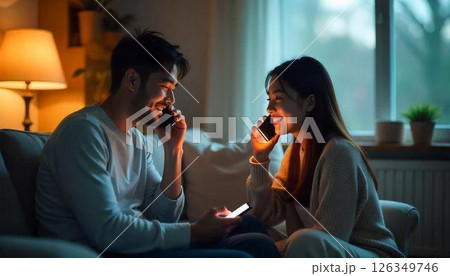 近くに居るのにスマートフォンで会話するカップル 126349746