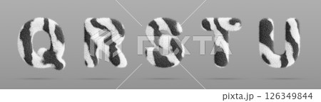 Zebra fluffy font letters Q, R, S, T, U with african wild animal skin print. English alphabet for kids with fur striped pattern and white black hairy texture, isolated render icon set. 3D illustration Zebra fluffy font letters Q, R, S, T, U with african wild animal skin print. English alphabet for kids with fur striped pattern and white black hairy texture, isolated render icon set. 3D illustration 126349844