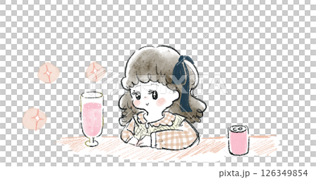 グラスに入ったドリンクを見つめる女の子のイラスト グラスに入ったドリンクを見つめる女の子のイラスト 126349854
