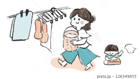 選択物を干すお母さんといたずらする子どものイラスト 126349855